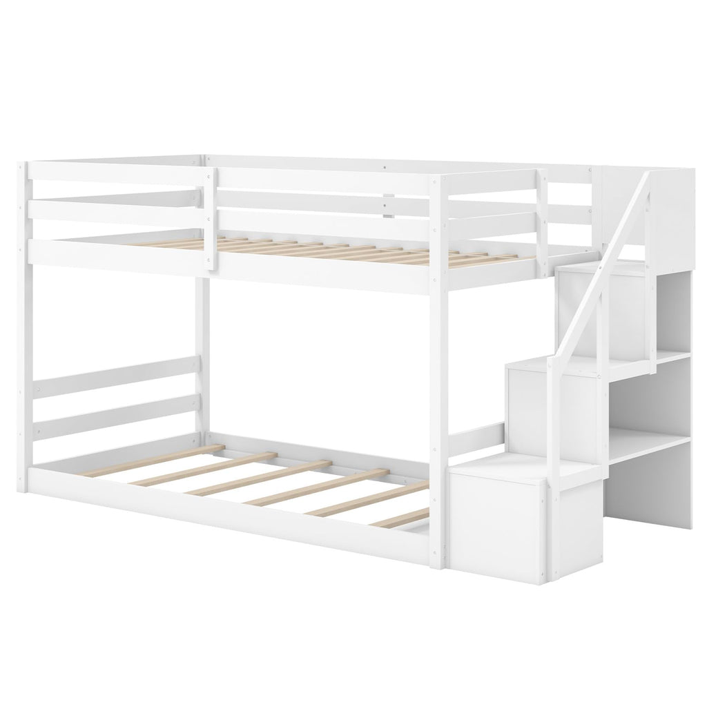 White Twin Over Twin Solid Wood Bunk Bed with Stairs X6164