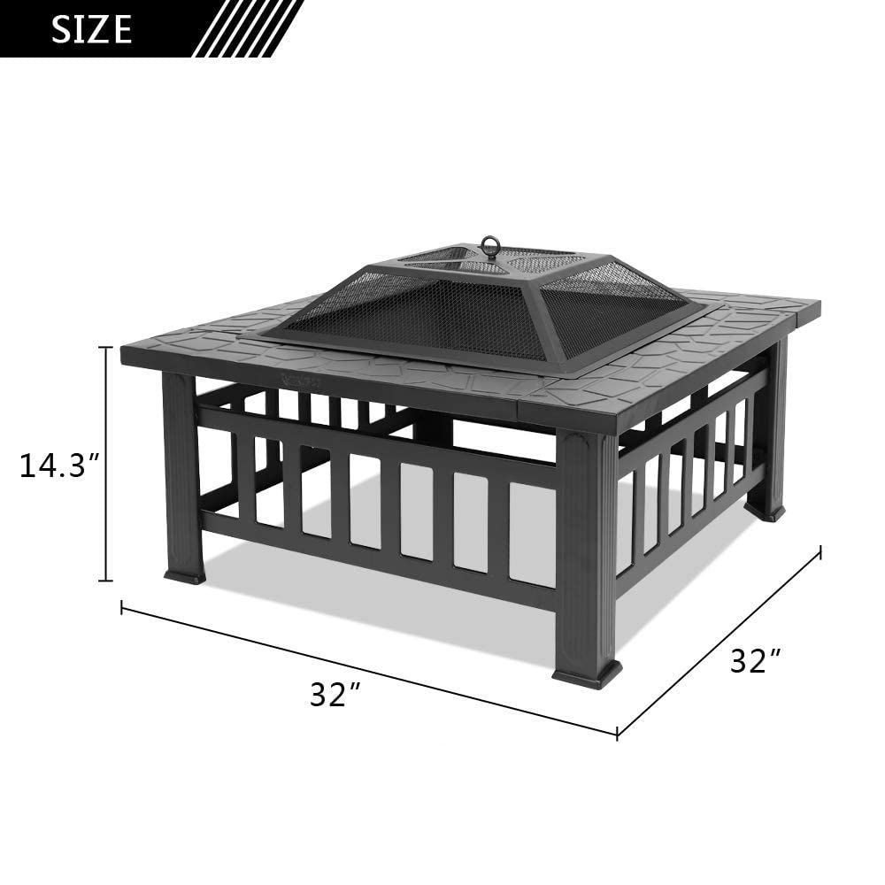 32" Square Metal Wood Burning Fire Pit with Poker and Mesh Lid S1102