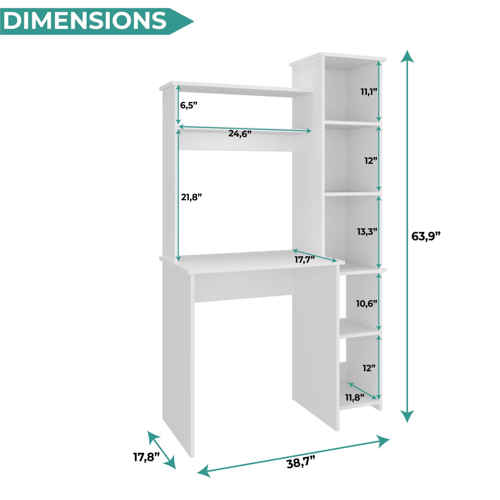 White Small Desk with Hutch and Bookshelf U9418
