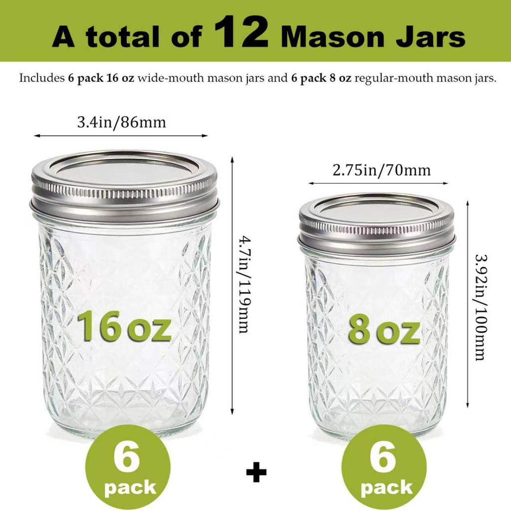 12 Pack Glass Mason Jars with Lids 16 oz & 8 oz Q850