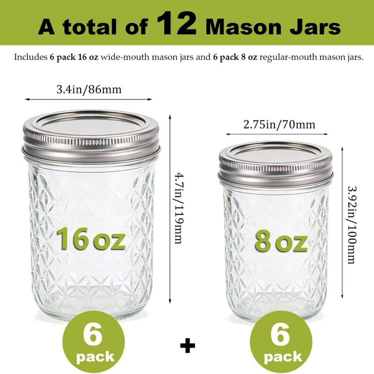 12 Pack Glass Mason Jars with Lids 16 oz & 8 oz Q850