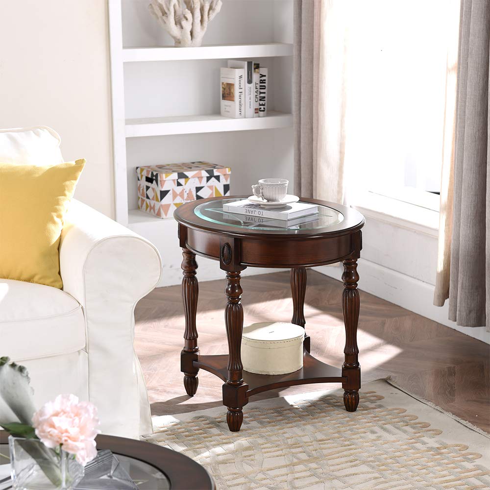 Wood Oval End Table with Glass Top Z9061