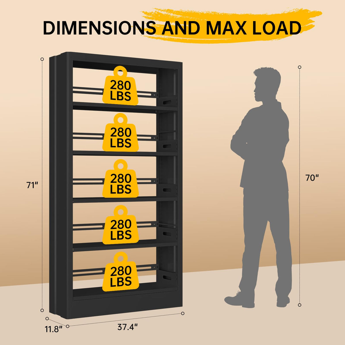 71" Black 5 Tier Metal Bookshelf with Adjustable Shelves O166