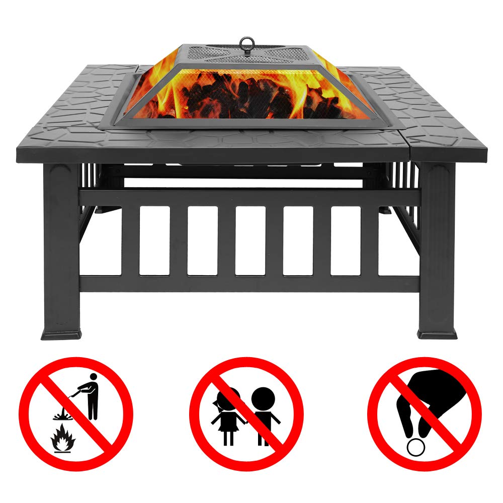 32" Square Metal Wood Burning Fire Pit with Poker and Mesh Lid S1102