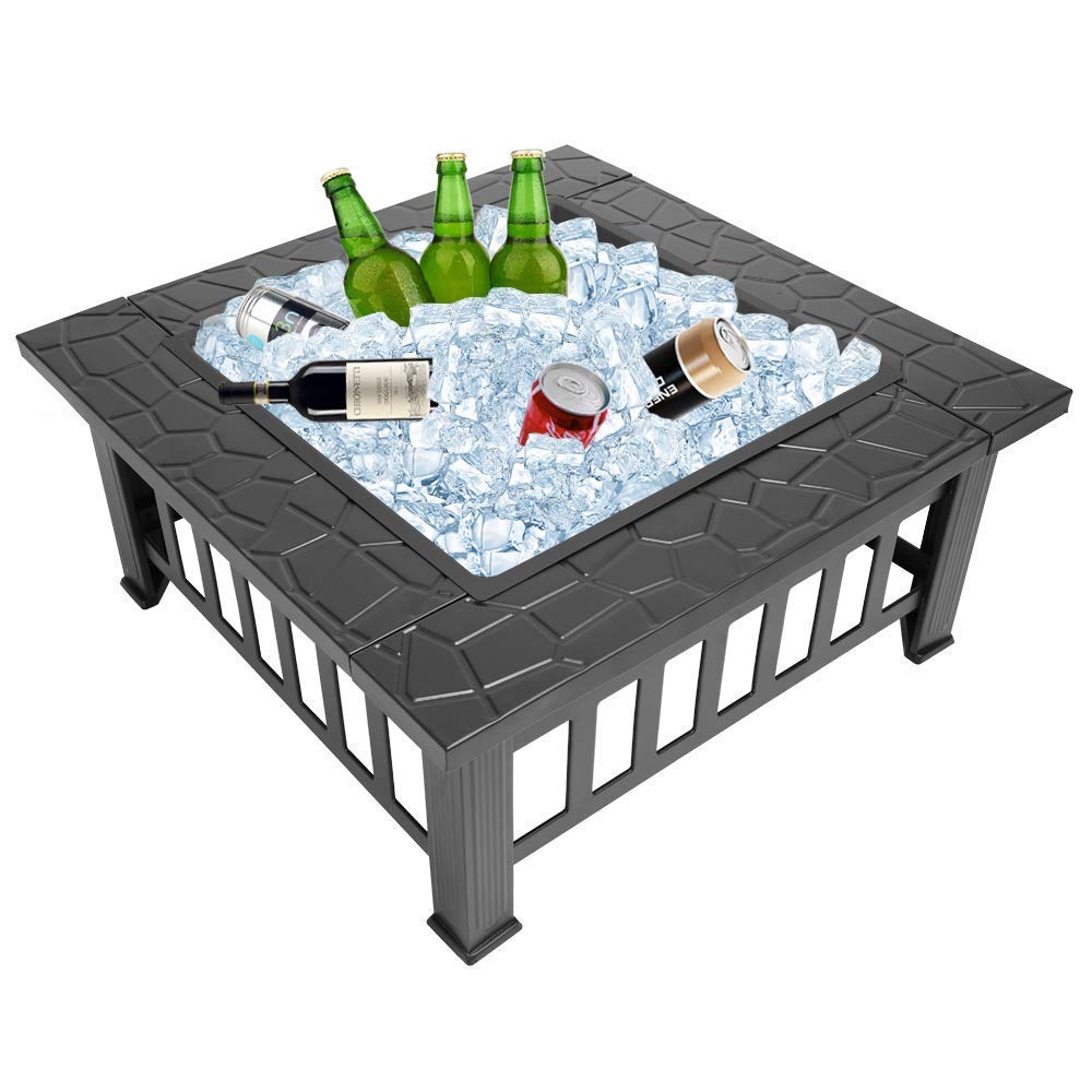32" Square Metal Wood Burning Fire Pit with Poker and Mesh Lid S1102