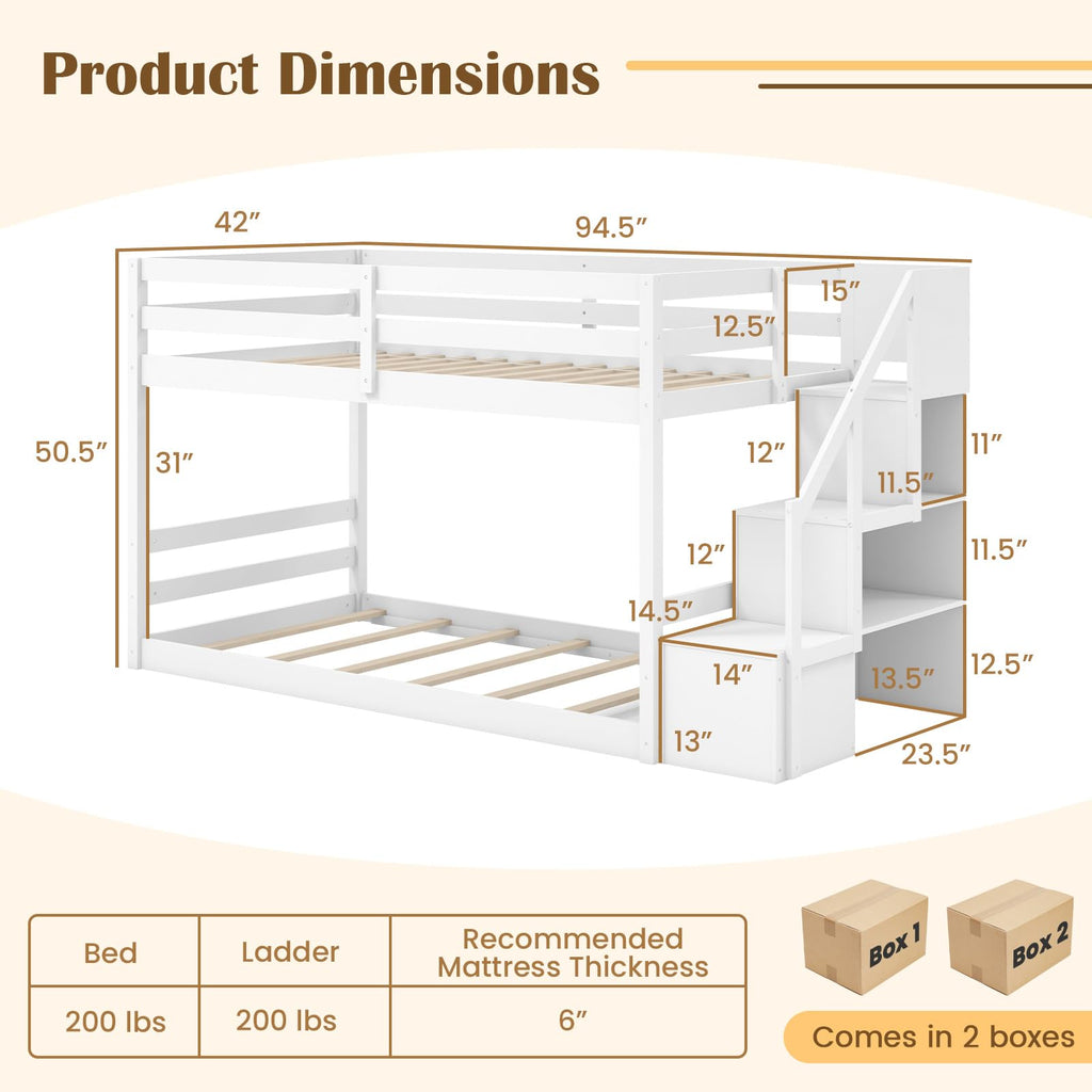 White Twin Over Twin Solid Wood Bunk Bed with Stairs X6164