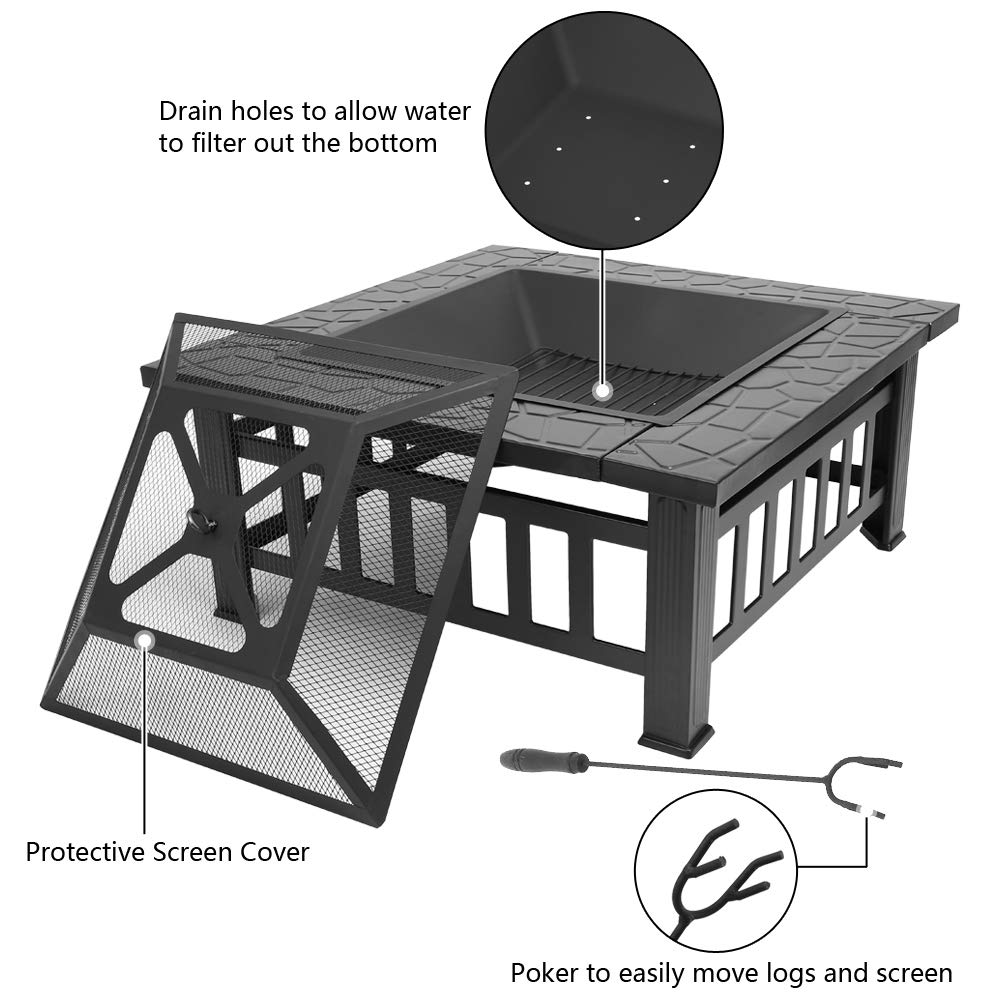 32" Square Metal Wood Burning Fire Pit with Poker and Mesh Lid S1102
