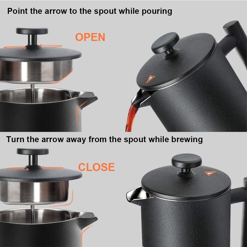 French Press Coffee Maker, 304 Grade Stainless Steel Insulated, 34oz, Black Q3632