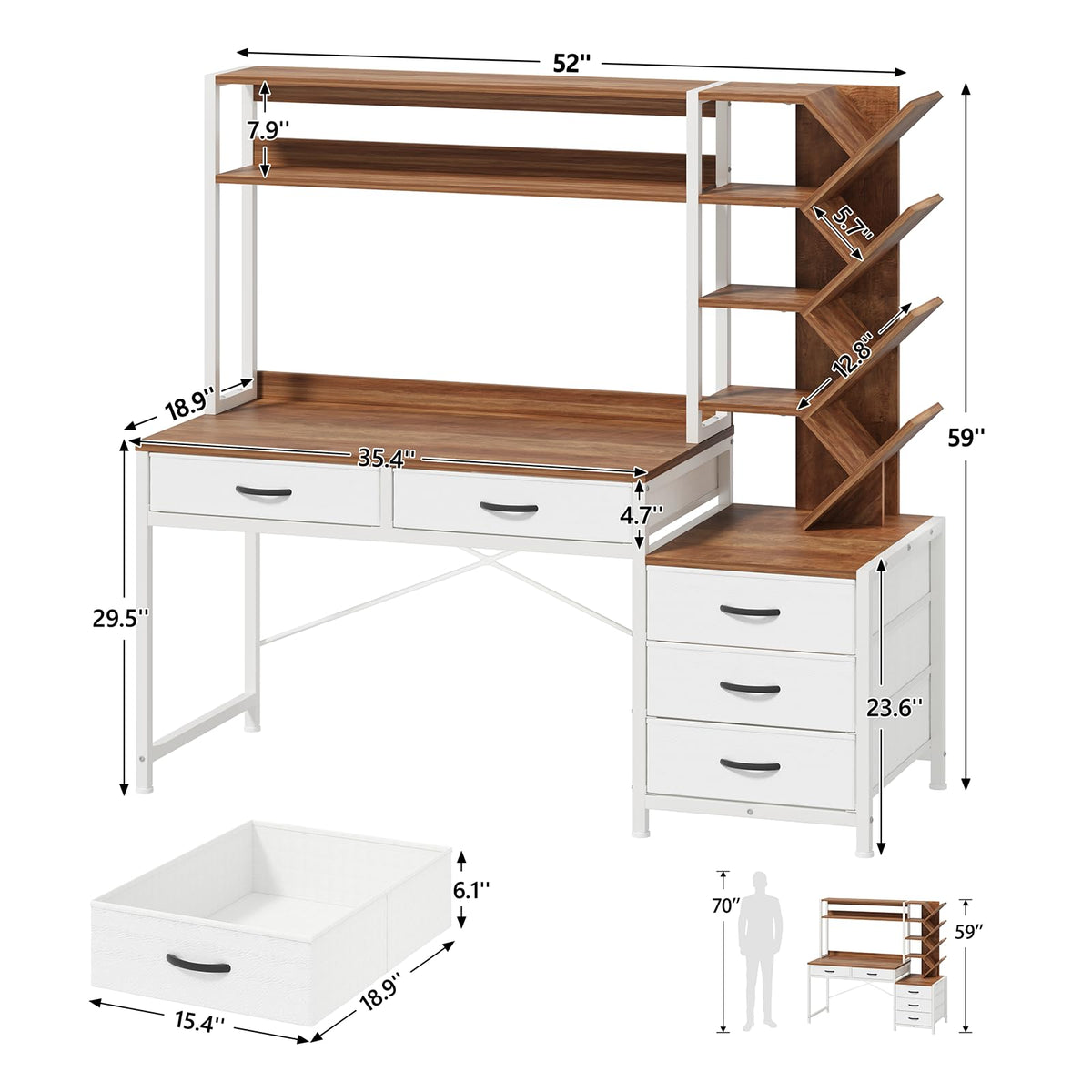 52" Computer Desk with Bookshelf, 5 Drawers & Hutch E27550