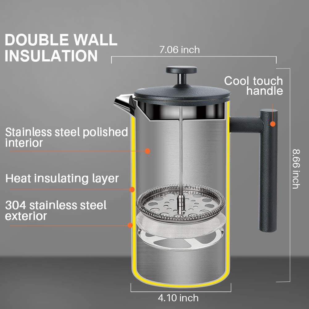 French Press Coffee Maker, 304 Grade Stainless Steel Insulated, 34oz, Black Q3632