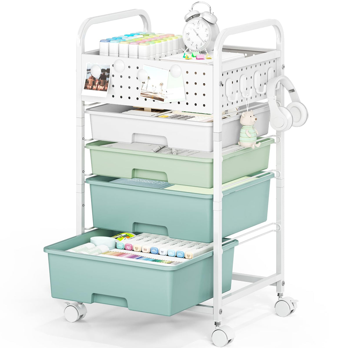 4 Drawer Rolling Storage Cart with Pegboard Top and Hooks Q520678