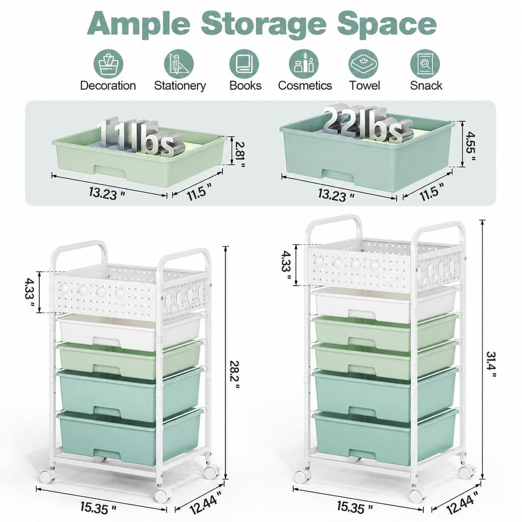 4 Drawer Rolling Storage Cart with Pegboard Top and Hooks Q520678