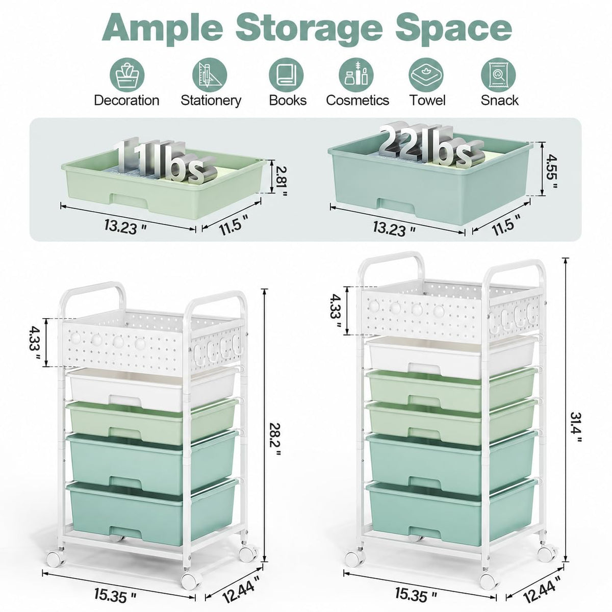 4 Drawer Rolling Storage Cart with Pegboard Top and Hooks Q520678
