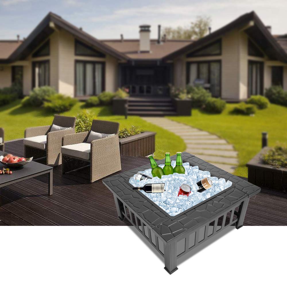 32" Square Metal Wood Burning Fire Pit with Poker and Mesh Lid S1102