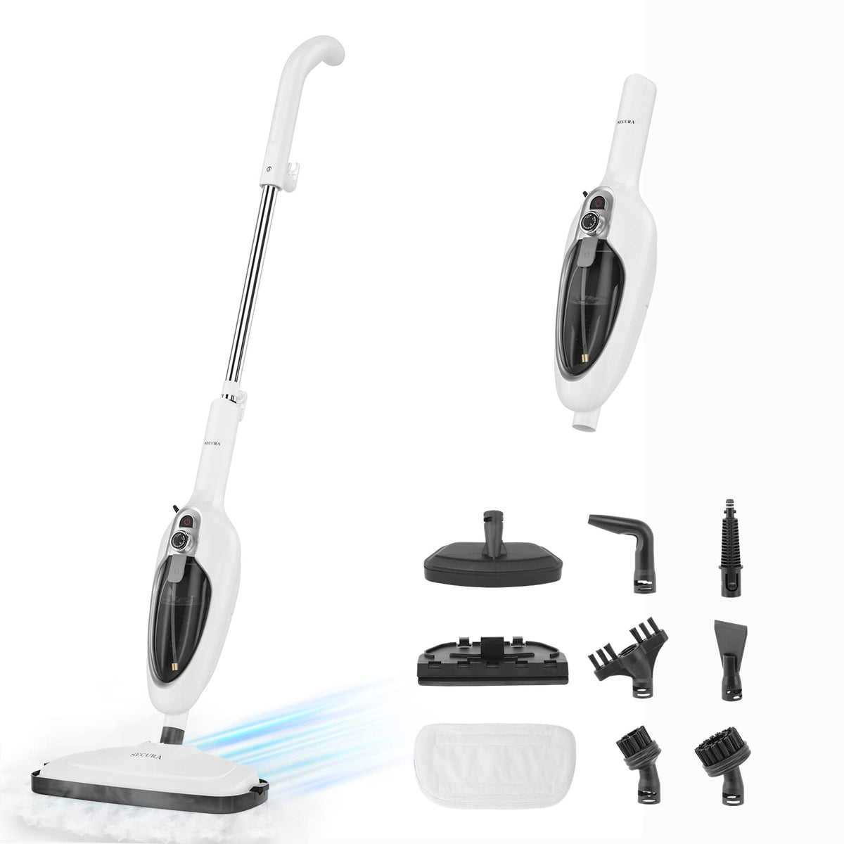 White 10-in-1 Detachable Steam Mop with 3 Microfiber Pads E4502
