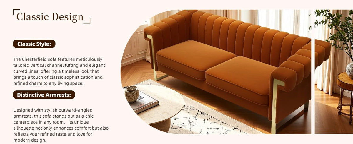Orange Velvet 3 Seater Sofa with Gold Metal Legs P184203