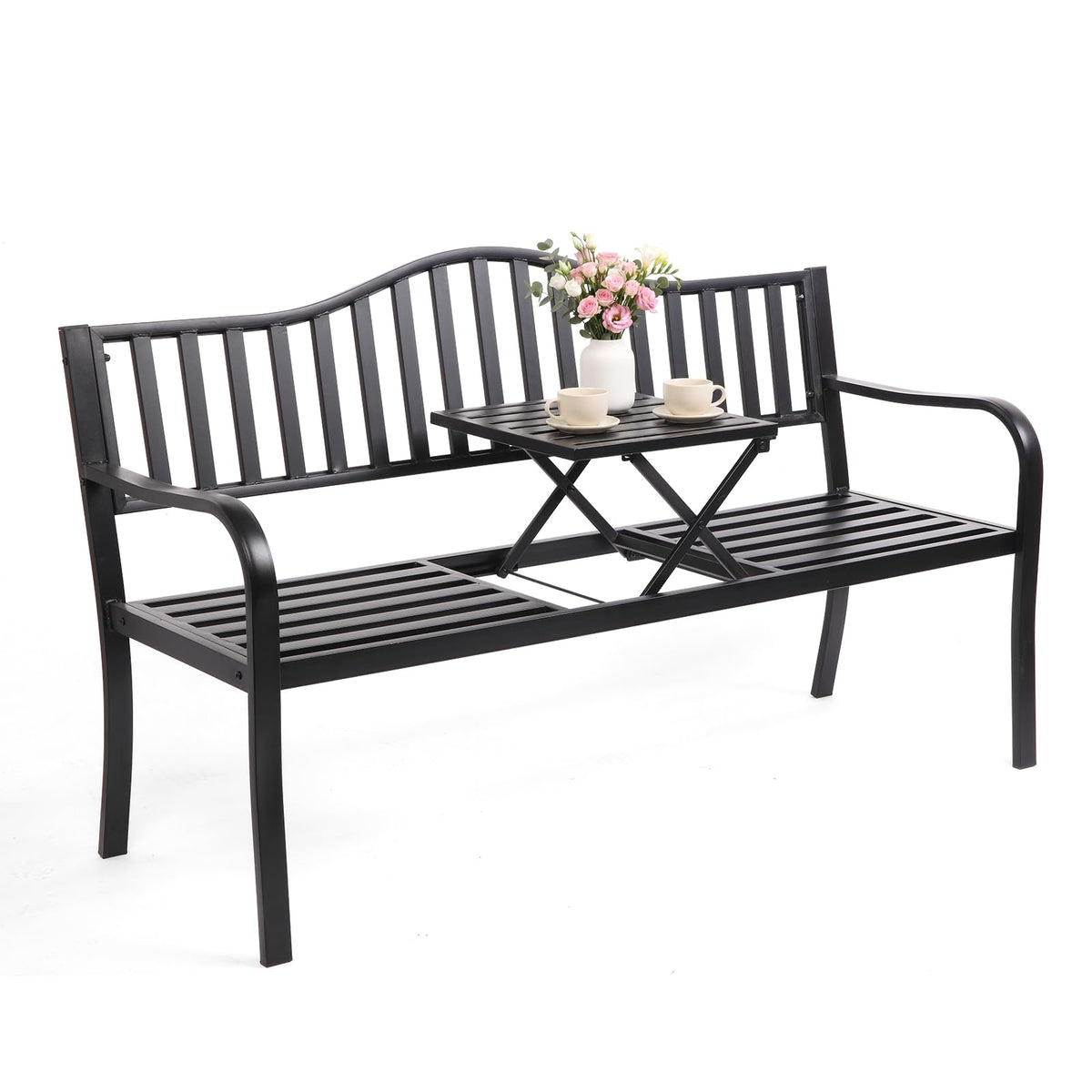 59" Outdoor Metal Bench with Built in Table H28479