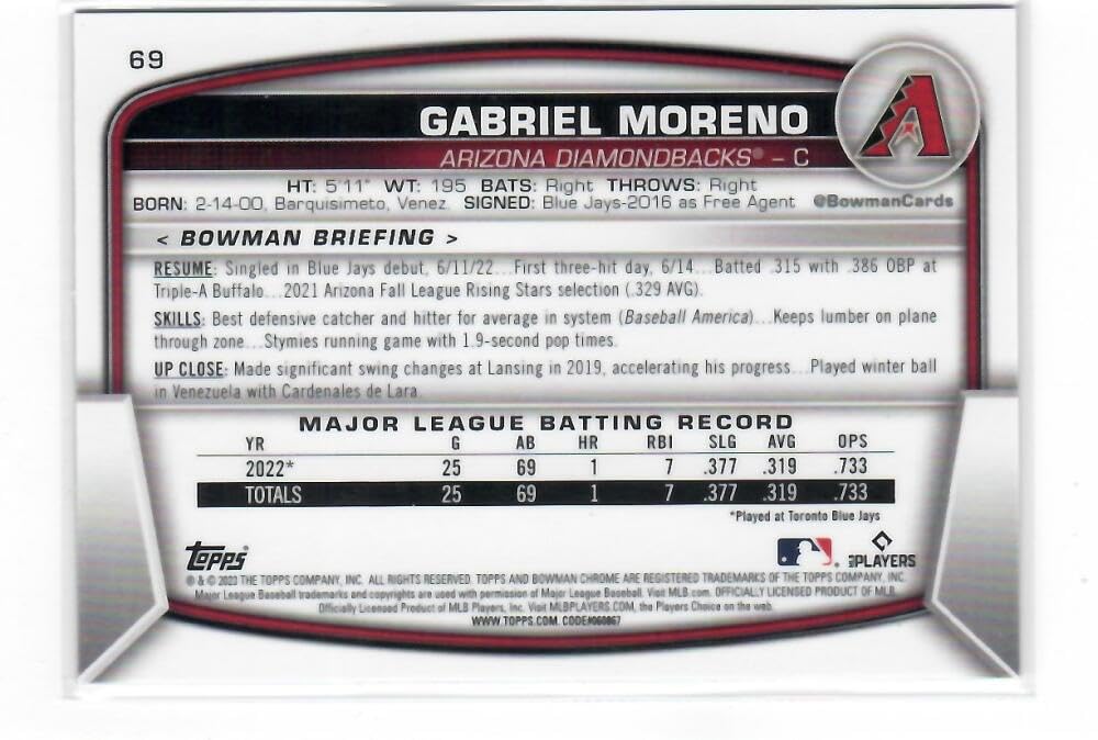 2023 Bowman Chrome Mega Box Mojo Refractor Navy #69 Gabriel Moreno RC Rookie Card /175 Arizona Diamondbacks Baseball NM-MT E544