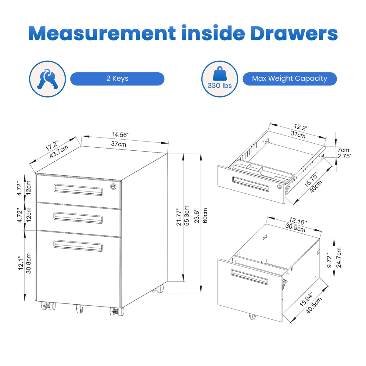3 Drawer Metal Rolling File Cabinet U518