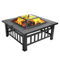 32" Square Metal Wood Burning Fire Pit with Poker and Mesh Lid S1102