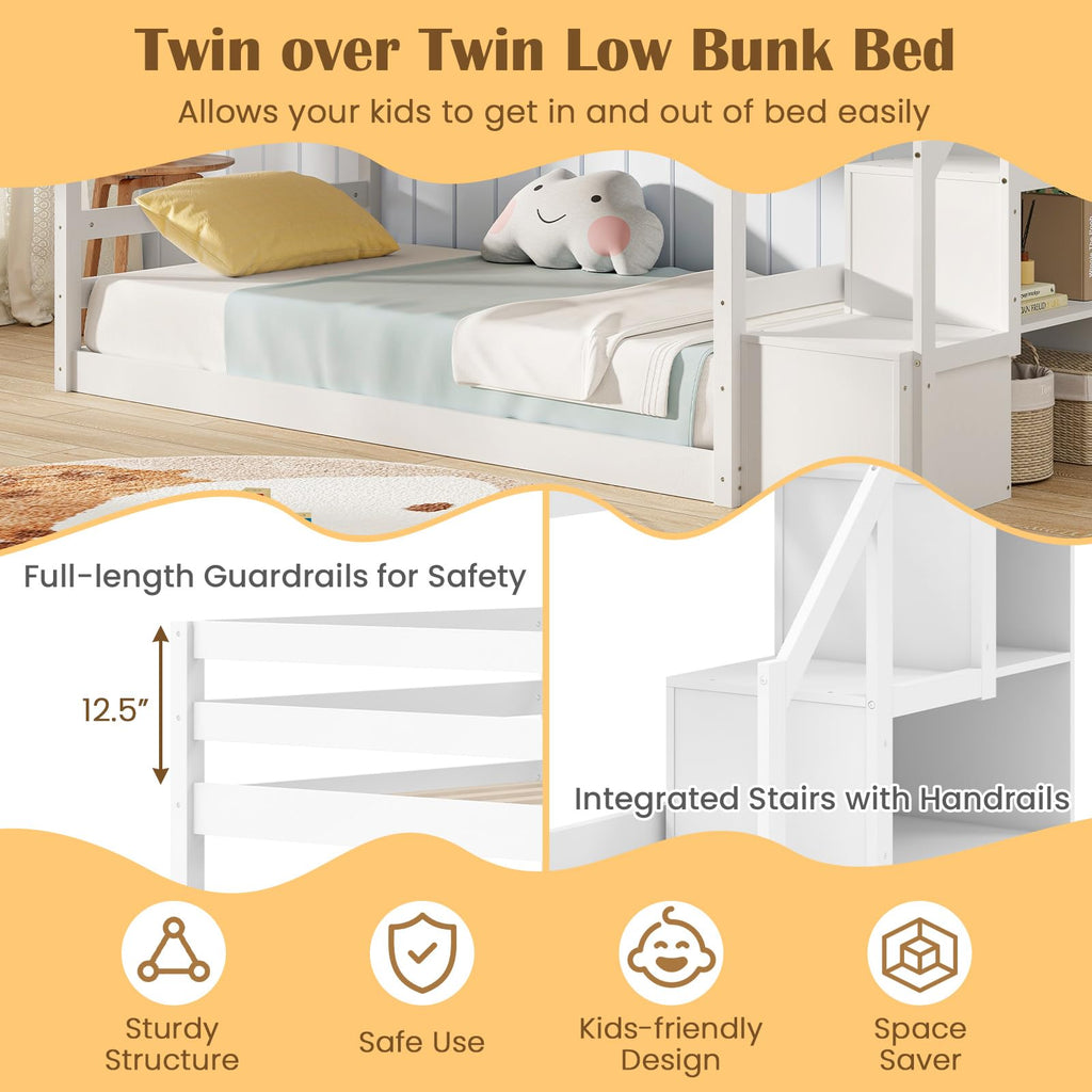 White Twin Over Twin Solid Wood Bunk Bed with Stairs X6164