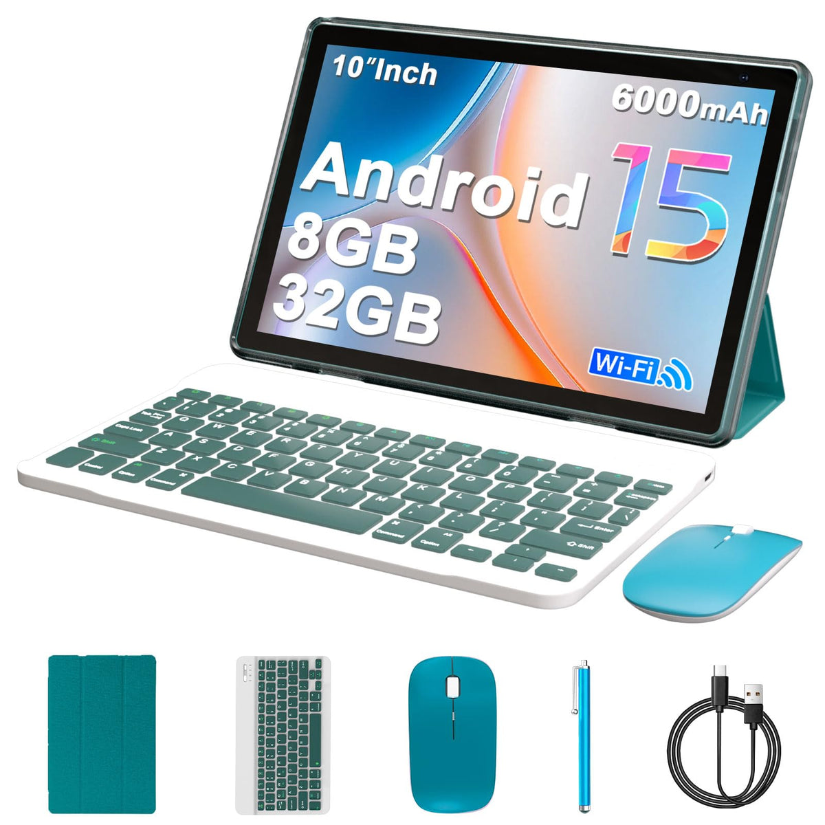 Android 15 Tablet 10 inch, 8GB RAM 32GB ROM, 2 in 1 Tablet with Keyboard Case, 1280x800 HD IPS Screen, Navy J153