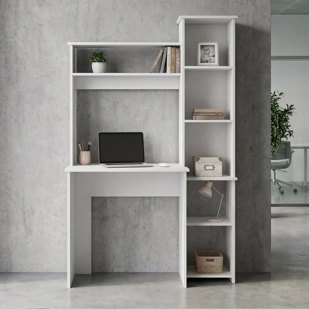 White Small Desk with Hutch and Bookshelf U9418