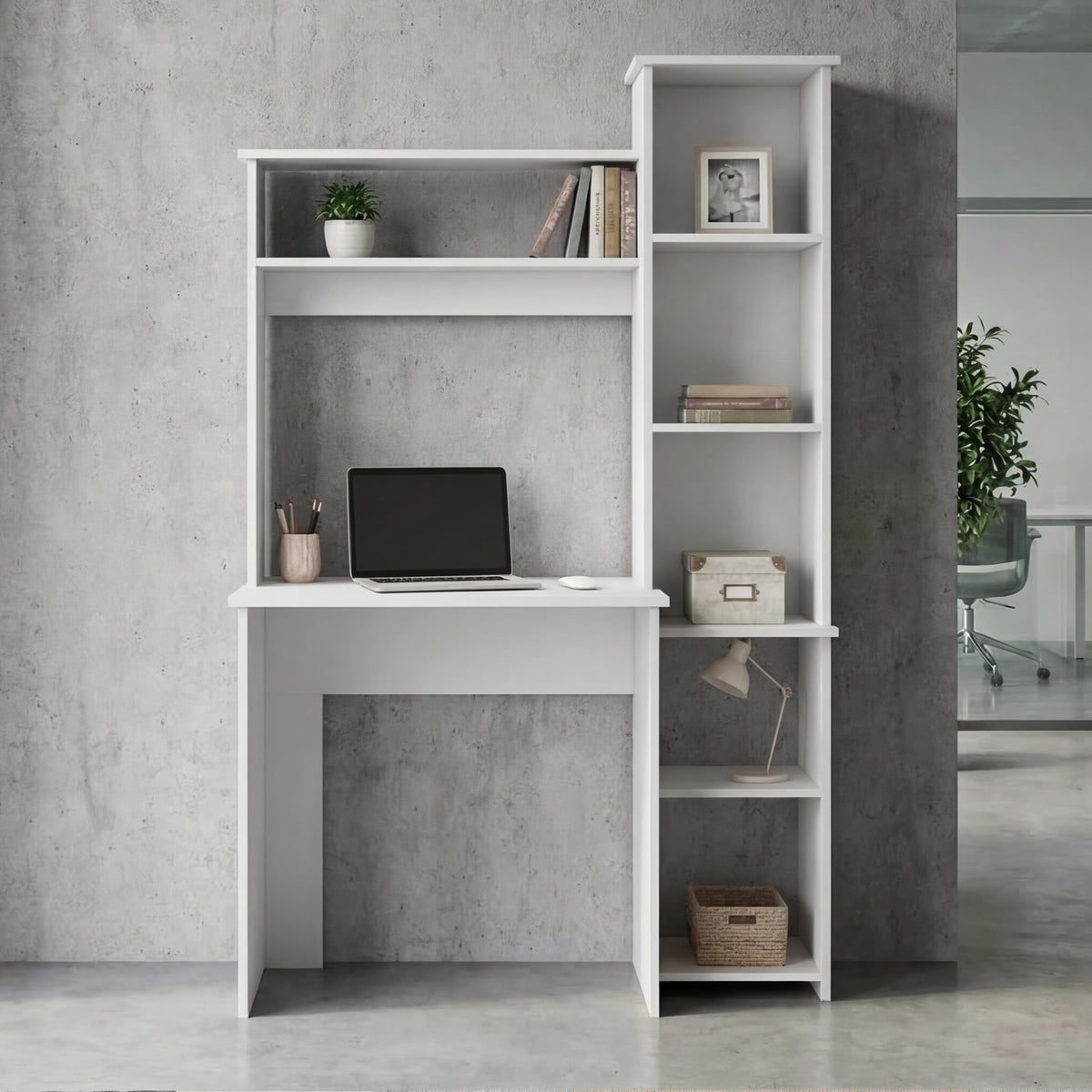 White Small Desk with Hutch and Bookshelf U9418