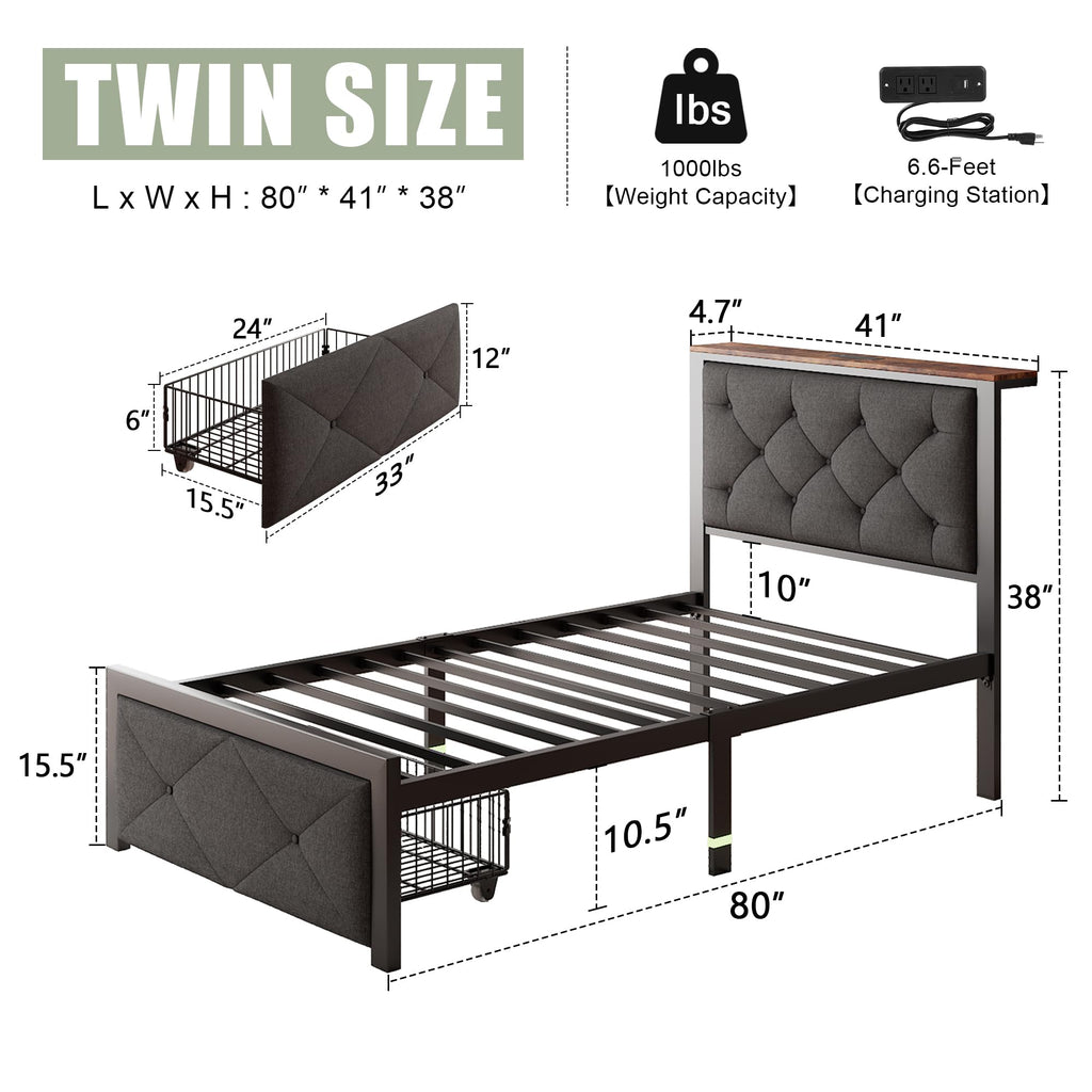Twin Metal Platform Bed Frame with Storage Drawers and Headboard M9817
