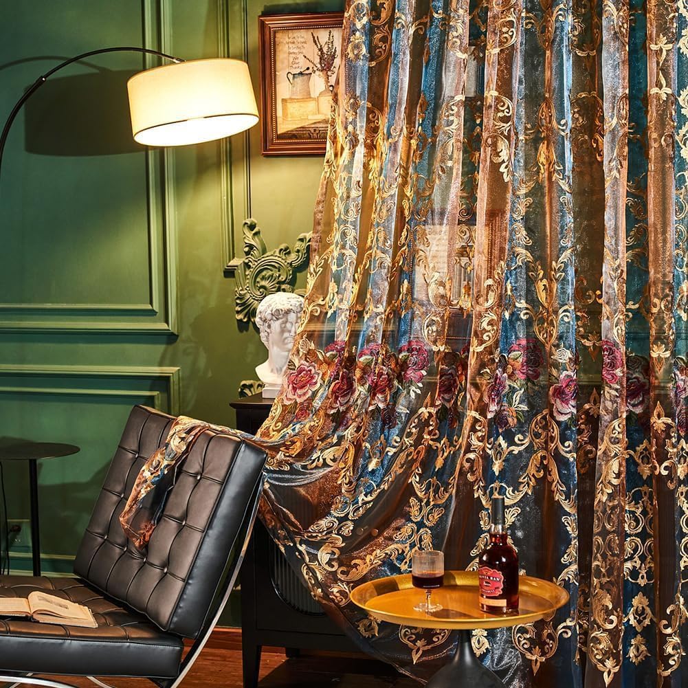 Embroidered Sheer Curtains with Floral Patterns 100"W x 84"L Z9391