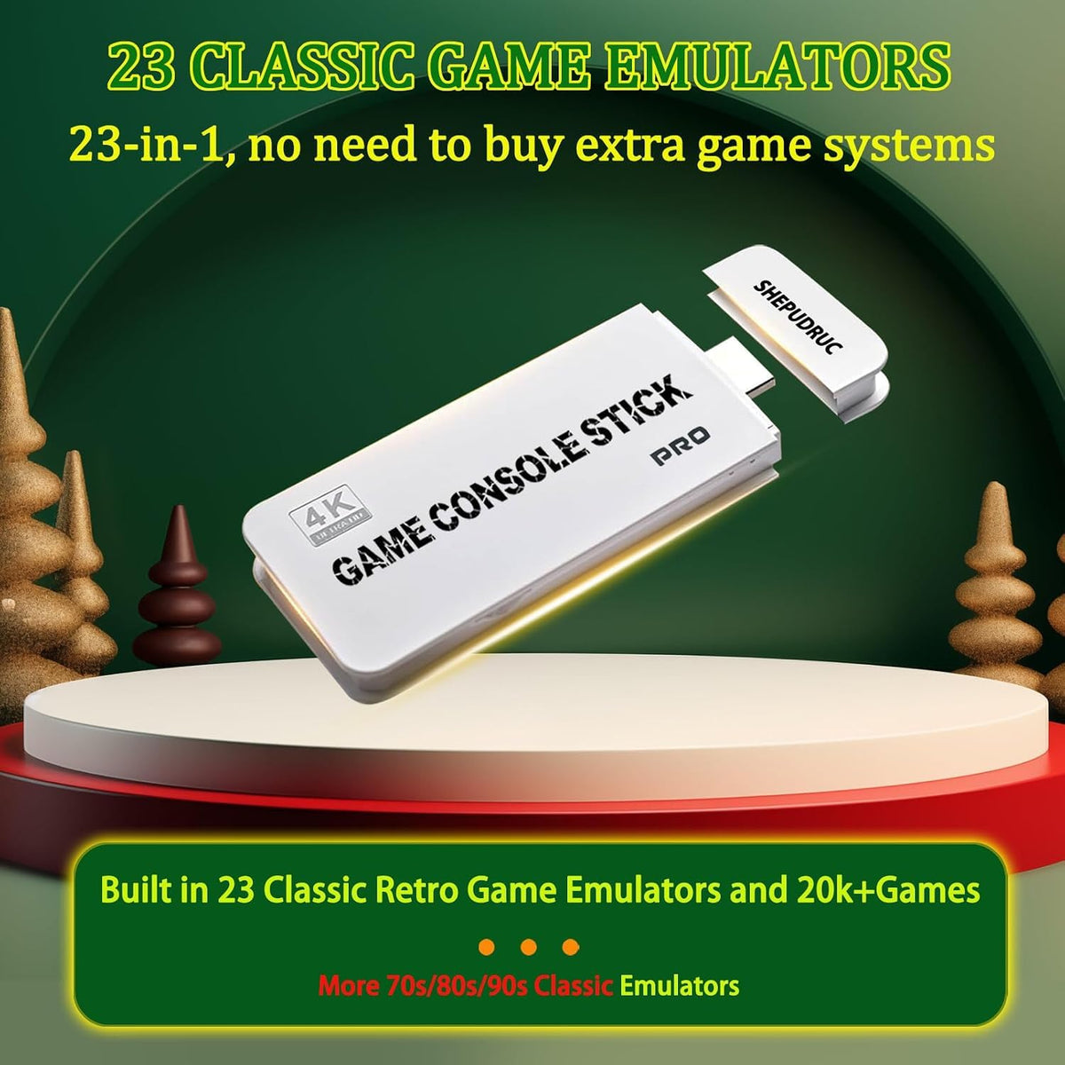 Wireless Retro Gaming Console Stick, 23 Built-In Emulators, 20,000+ Games, 4K HDMI Output, Dual 2.4G Wireless Controllers, 64GB F796326