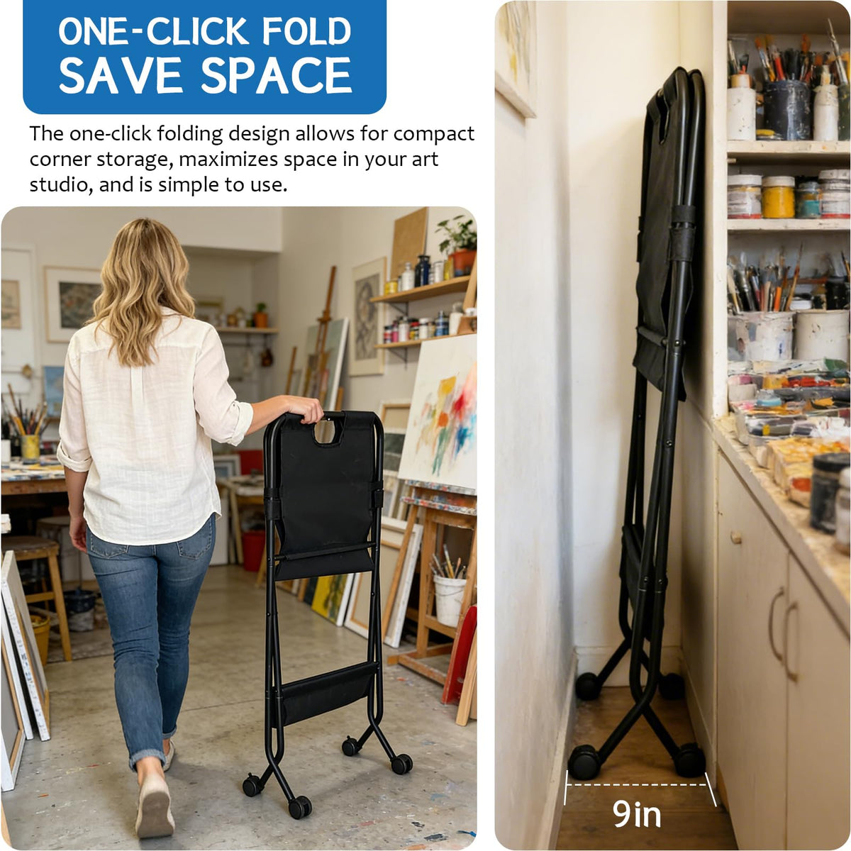 Folding Canvas Art Print Storage Rack with Caster Wheels Z449250