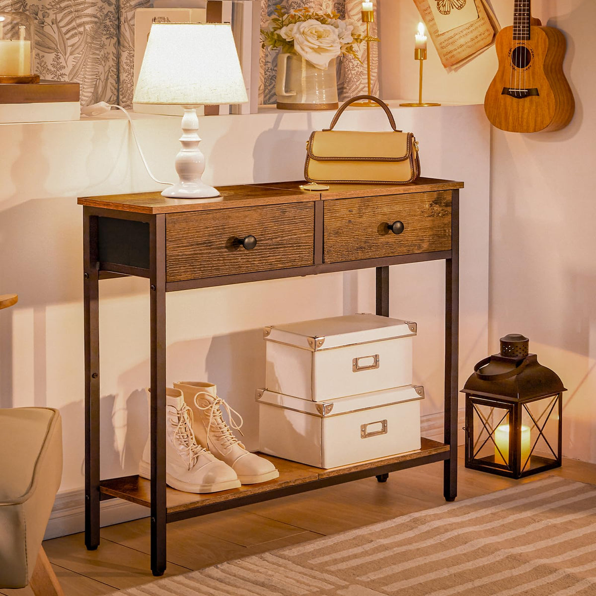 29.5" Narrow Console Table with 2 Fabric Drawers V270