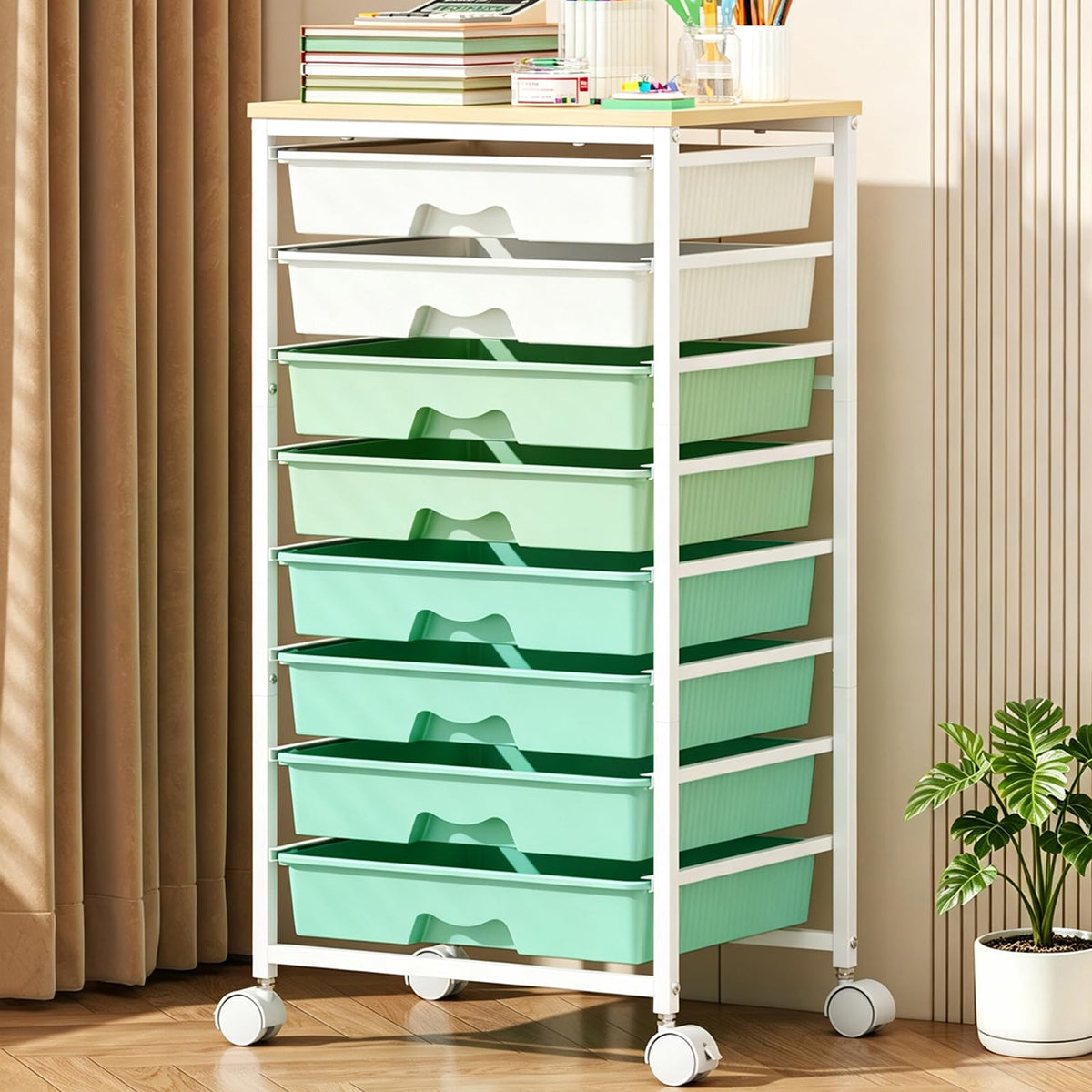 Green Rolling Cart with 8 Drawers B3458