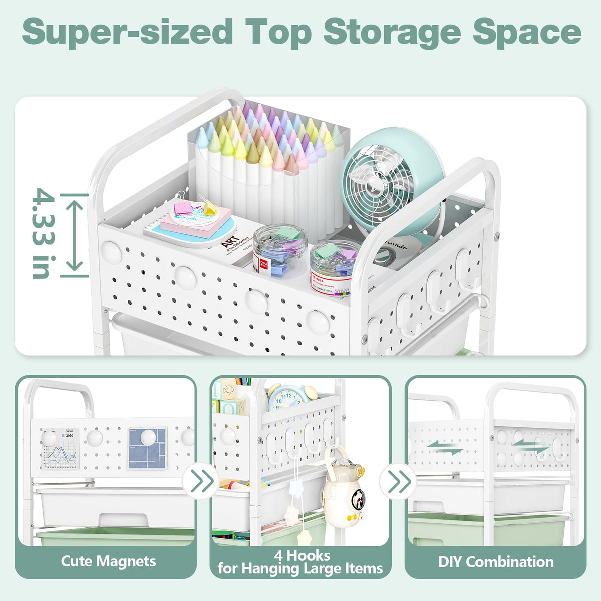 4 Drawer Rolling Storage Cart with Pegboard Top and Hooks Q520678