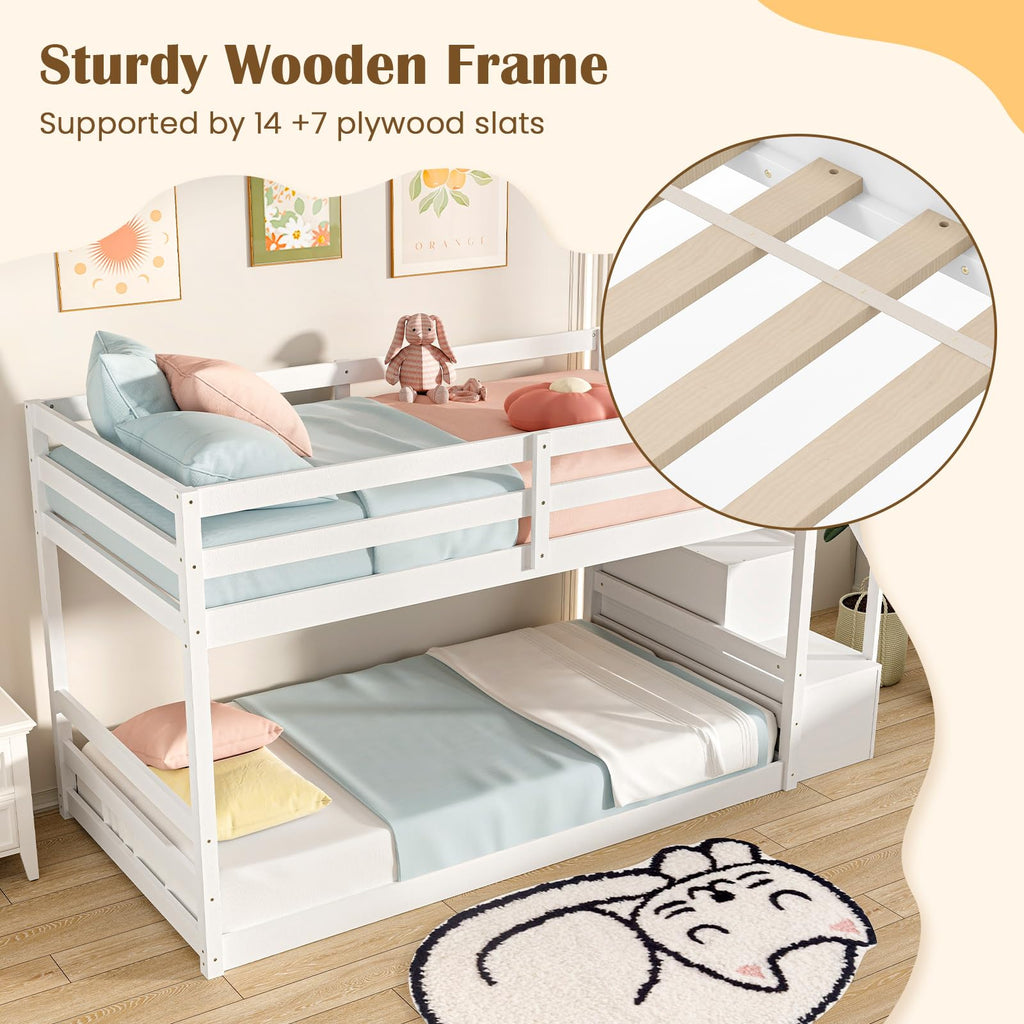 White Twin Over Twin Solid Wood Bunk Bed with Stairs X6164