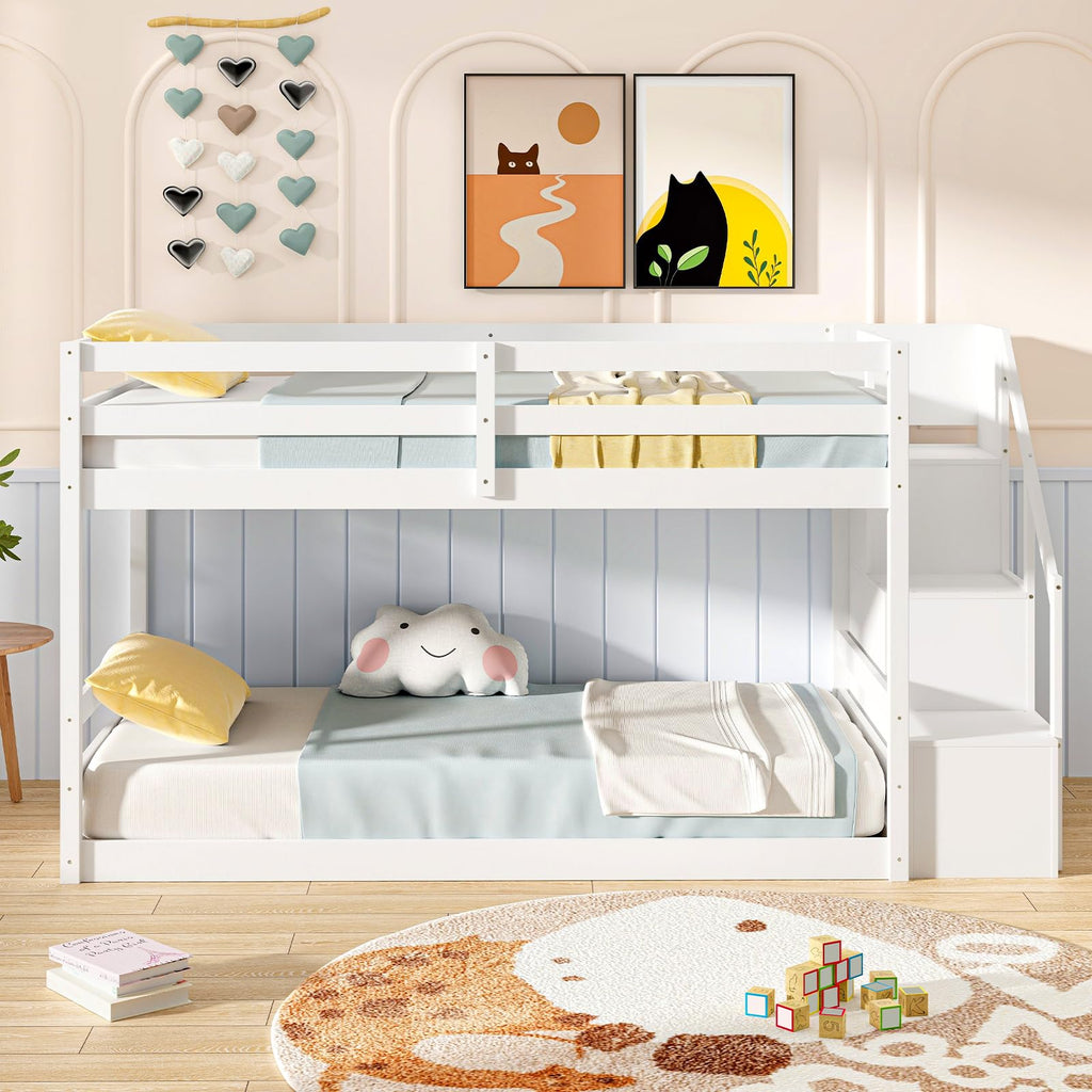 White Twin Over Twin Solid Wood Bunk Bed with Stairs X6164
