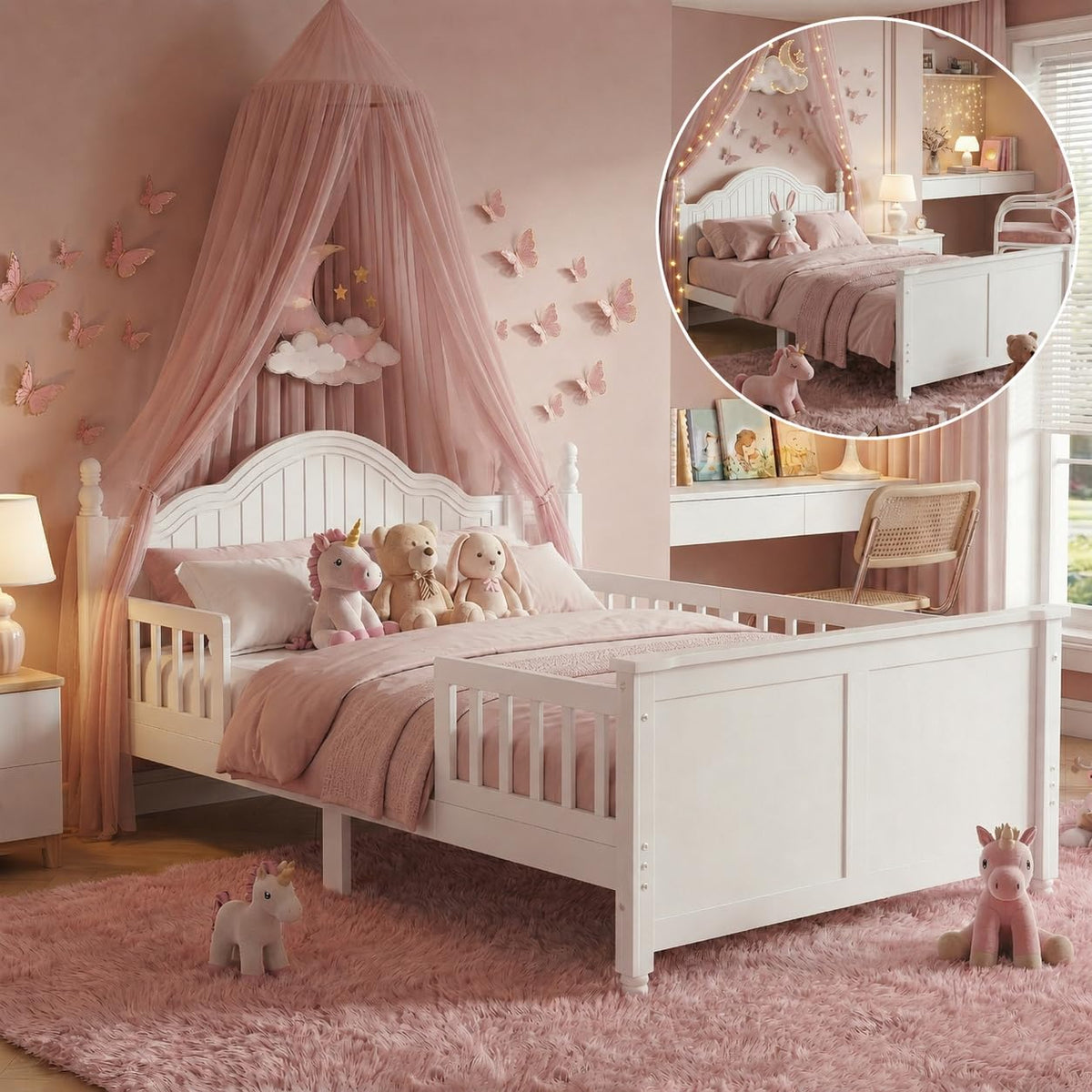 White Twin Bed Frame with Headboard and Rails I450