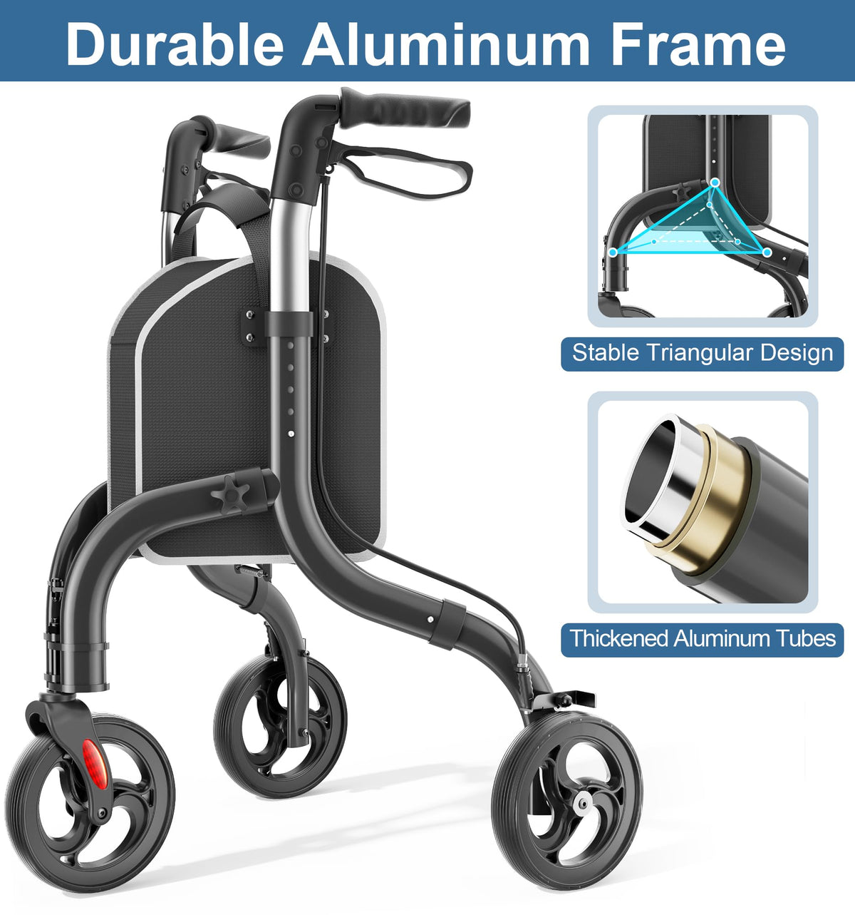 Foldable 3 Wheel Walkers Lightweight Aluminum Frame C2261