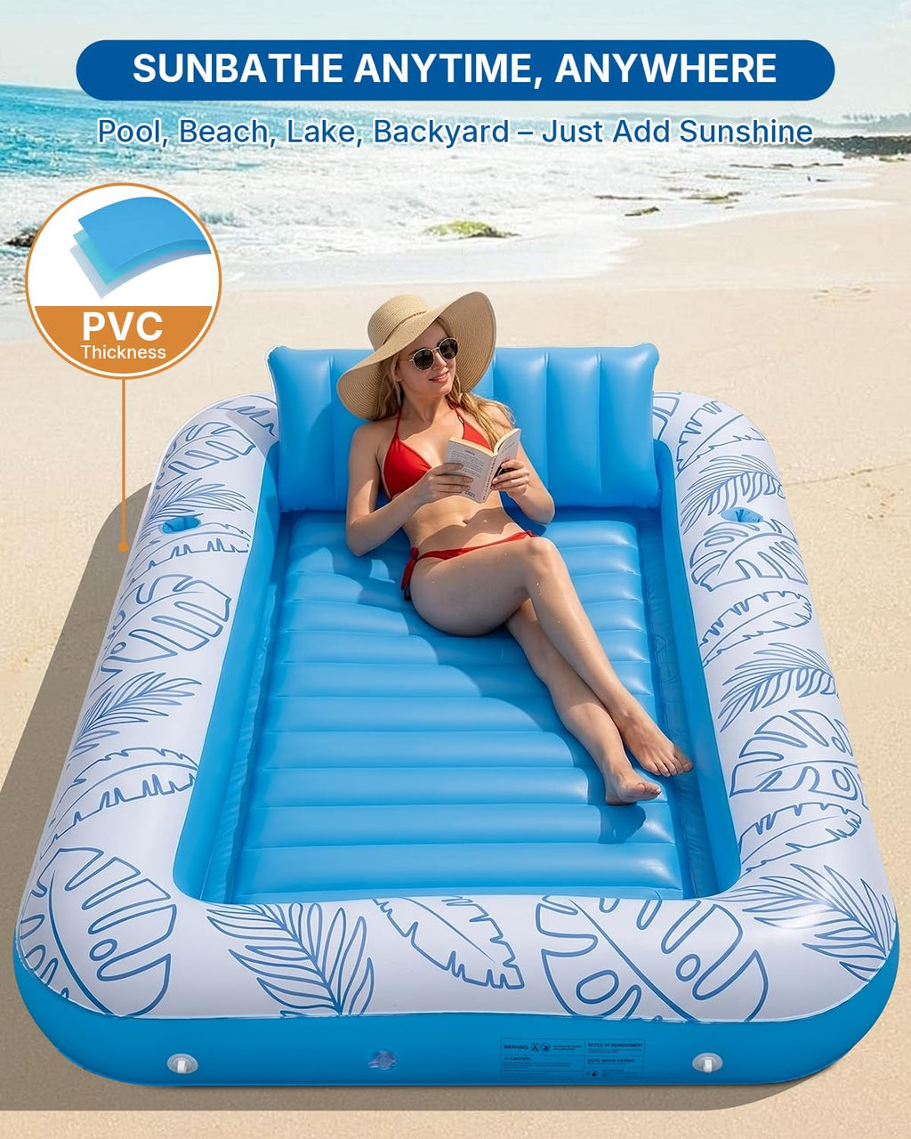 Inflatable Tanning Pool Float with Lights and Pillow J243689