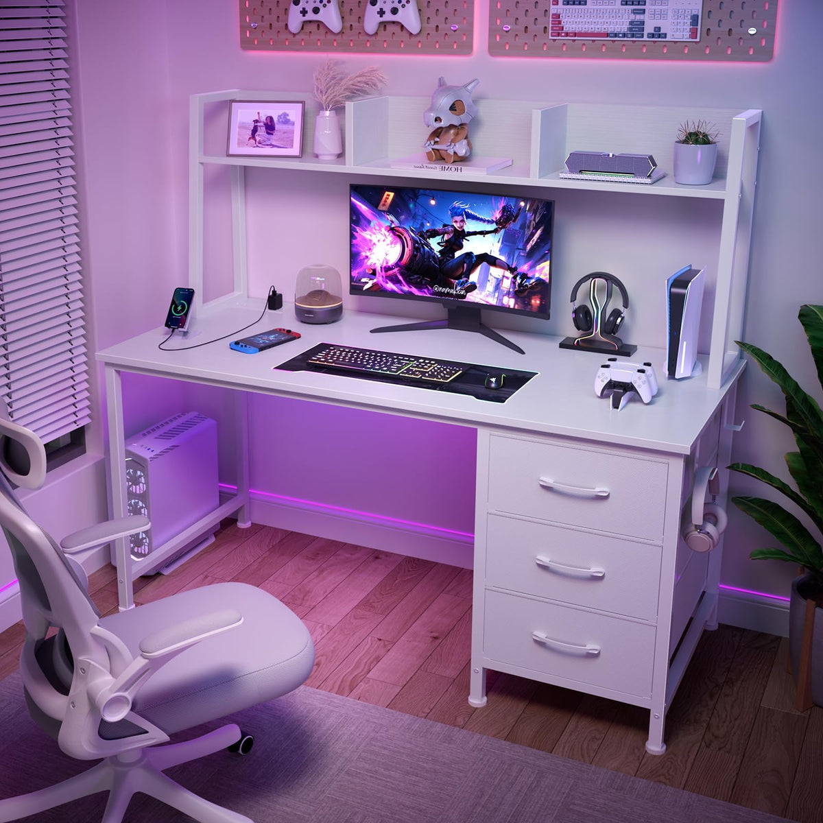 White Computer Desk with Hutch & Drawers 47 Inch Y407284