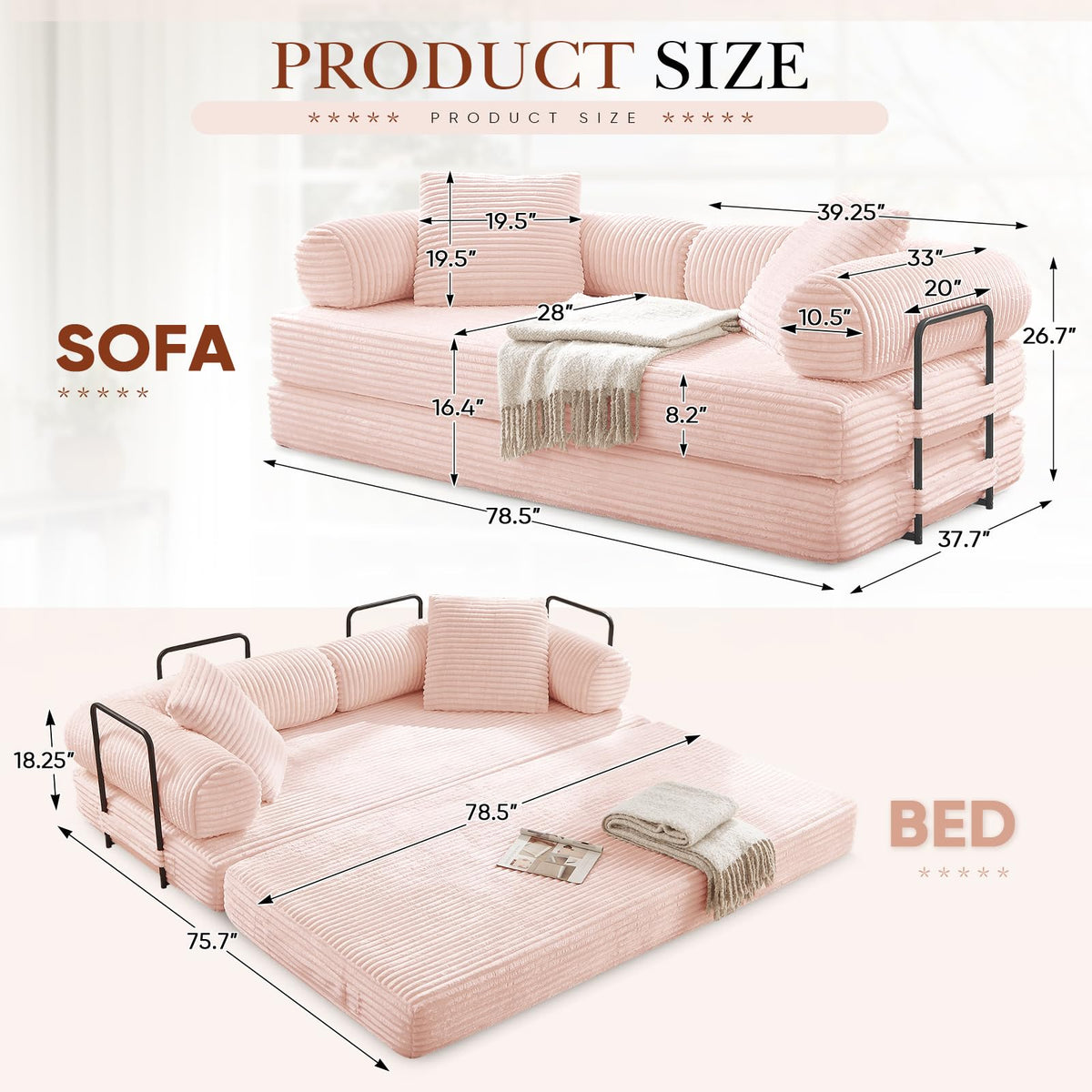 Pink Corduroy Convertible Sleeper Sofa Bed W55831