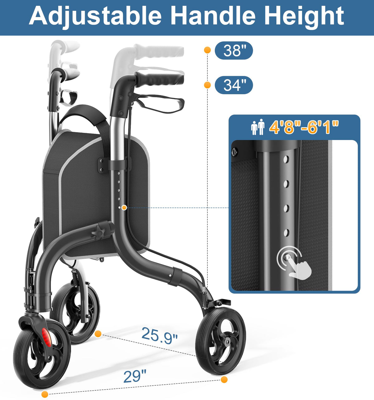 Foldable 3 Wheel Walkers Lightweight Aluminum Frame C2261