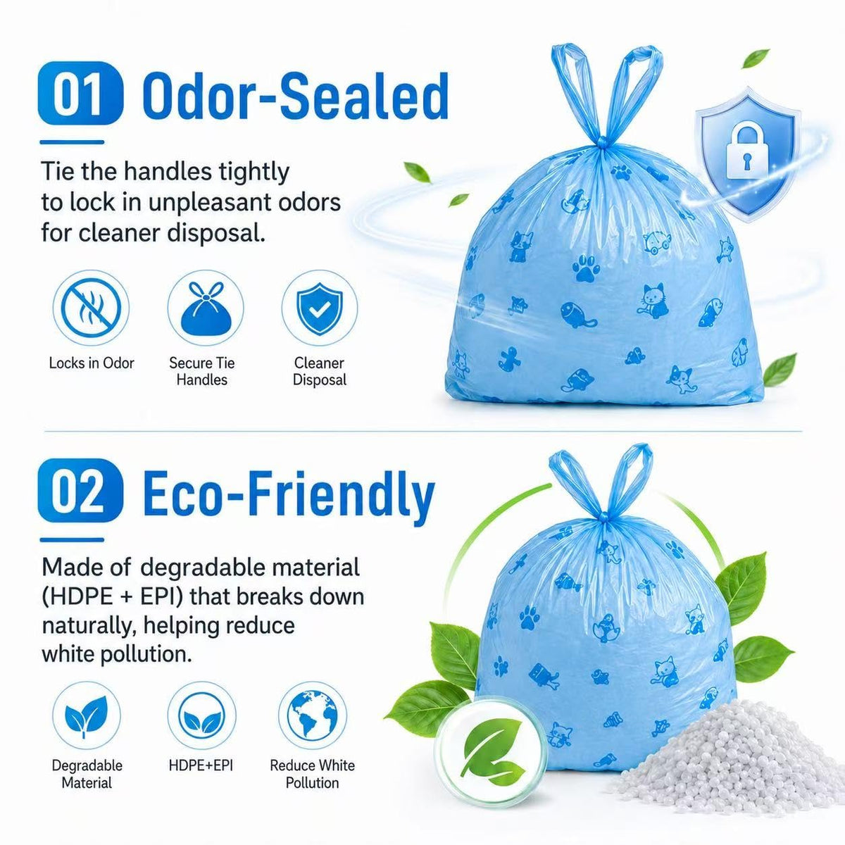 Cat Litter Poop Pick-Up Bags with Handles, Leak Proof, Unscented, 100 bags M72712