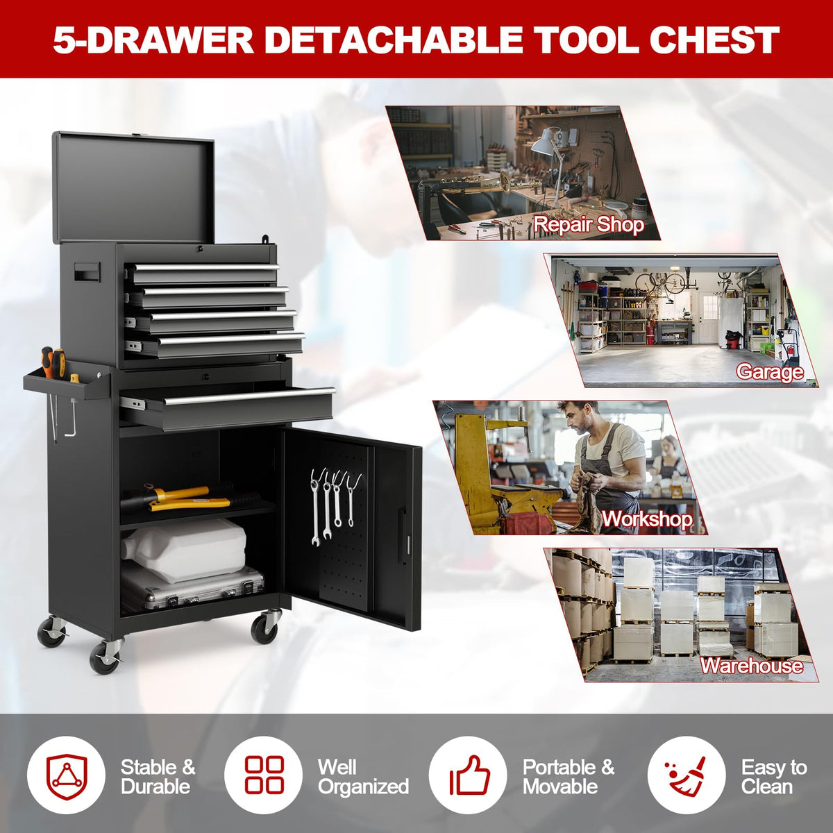 5 Drawer Rolling Metal Tool Chest with Detachable Top Toolbox C30152