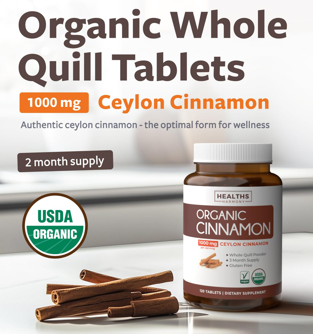 USDA Organic Ceylon Cinnamon 1000mg Vegan Non-GMO Supplement N7873