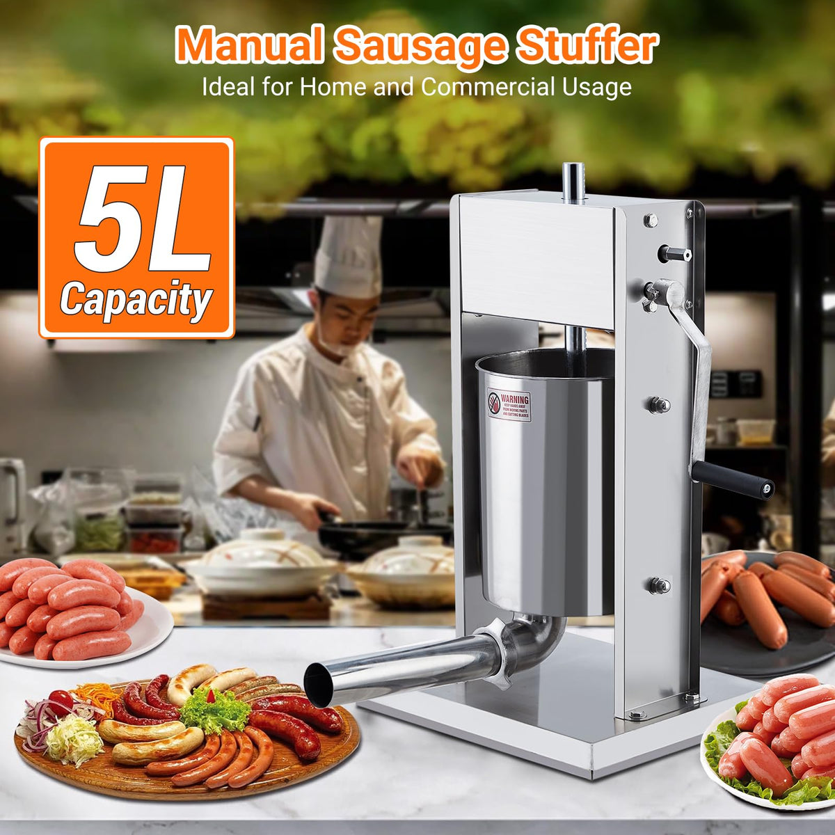 Manual 5L Stainless Steel Sausage Stuffer with 5 Stuffing Tubes Z503275