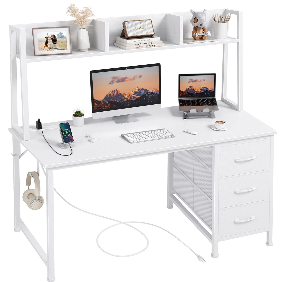 White Computer Desk with Hutch & Drawers 47 Inch Y407284
