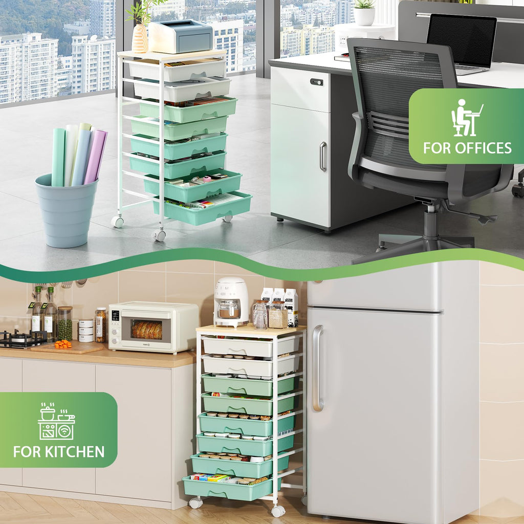 Green Rolling Cart with 8 Drawers B3458