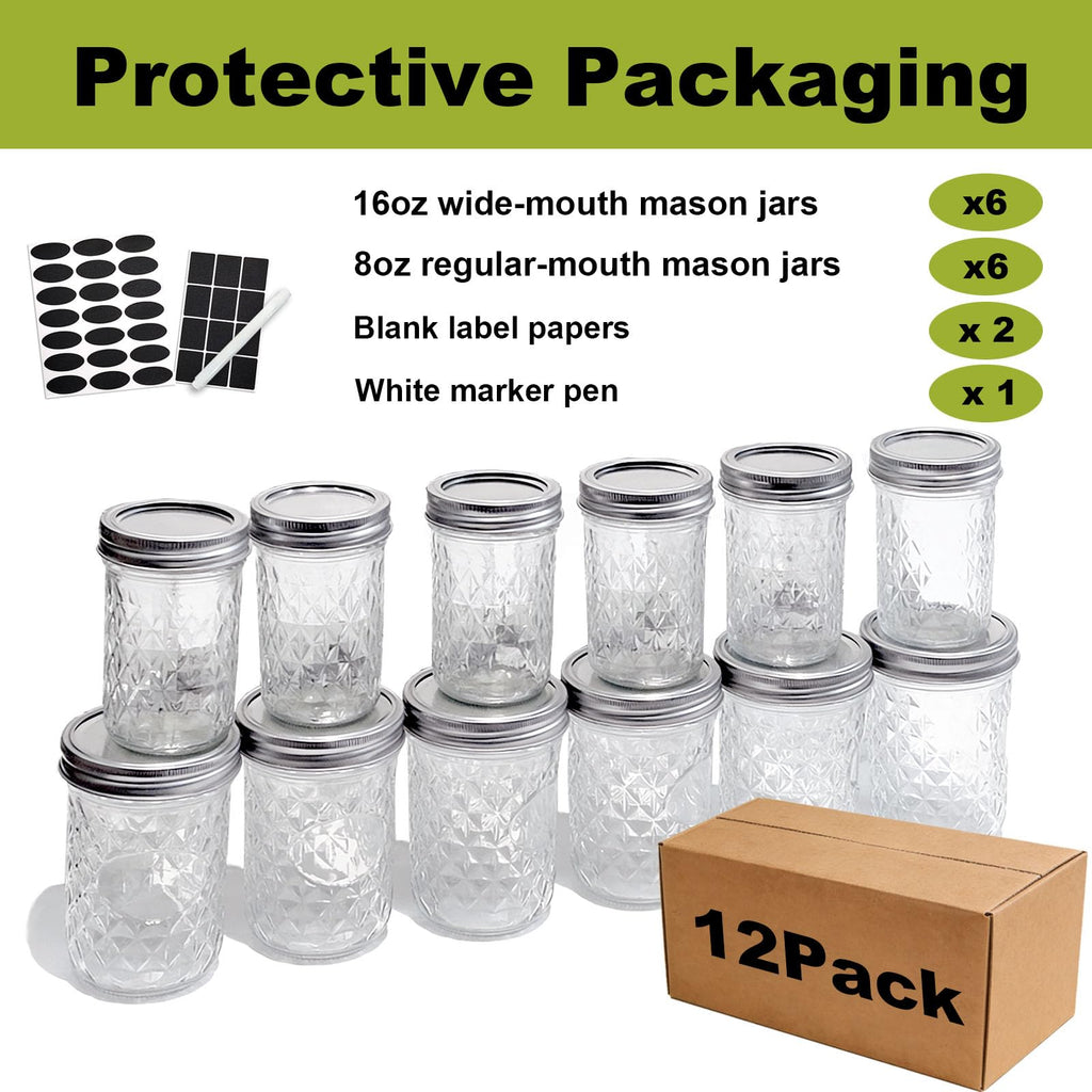 12 Pack Glass Mason Jars with Lids 16 oz & 8 oz Q850